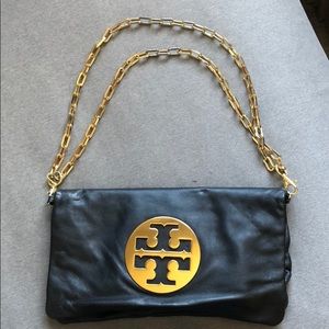Tory Burch Reva Glazed Blk Leather Clutch Bag